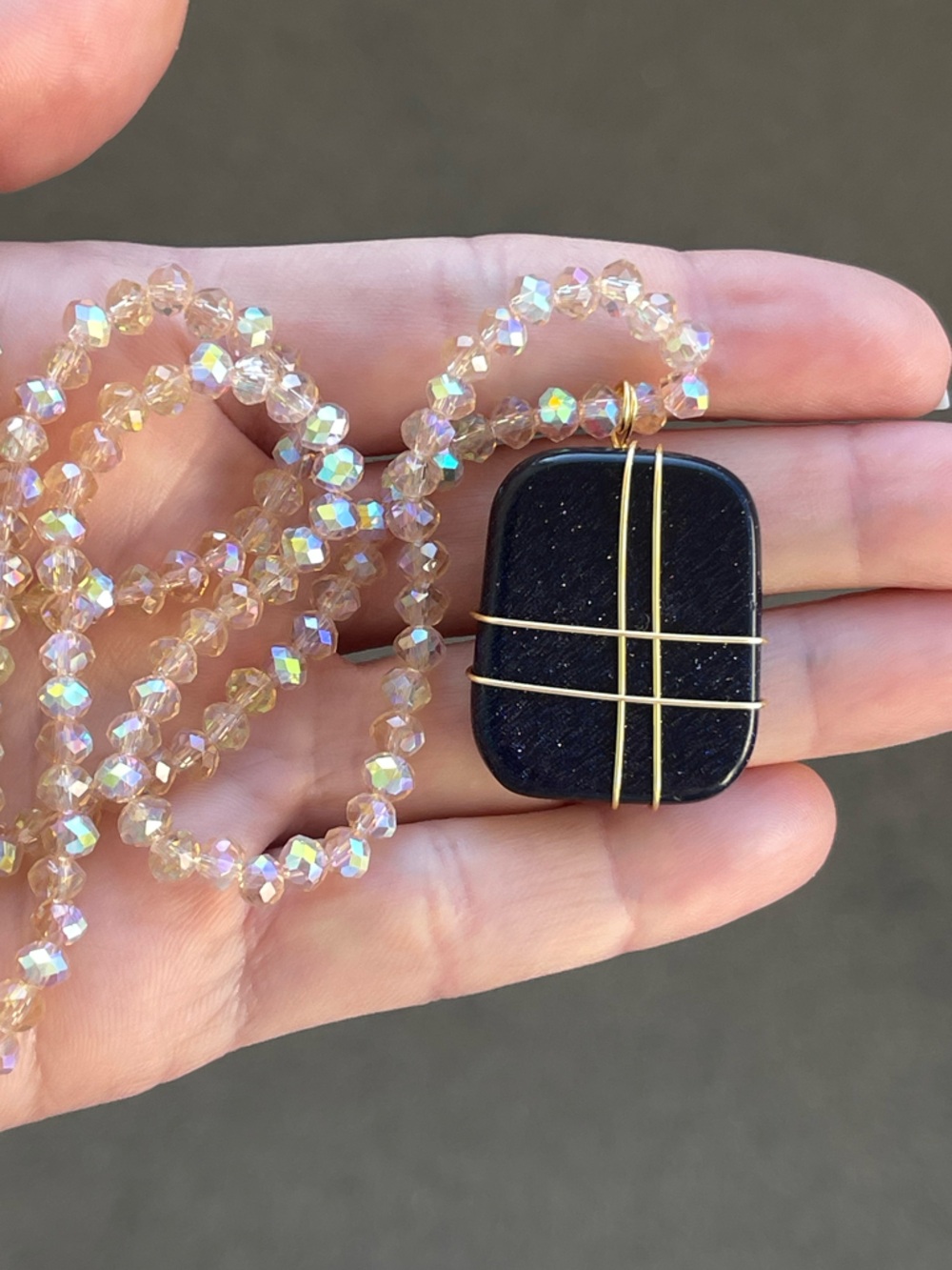 Navy Blue Gold Stone Necklace Gold Tone Wire Wrapping and Champagne Glass Beads